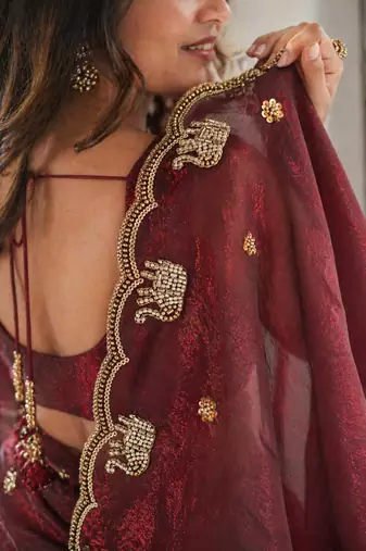 Wine satin embroidered saree with thread work