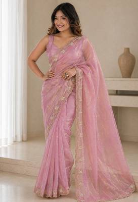 Pink satin embroidered saree with thread work 1