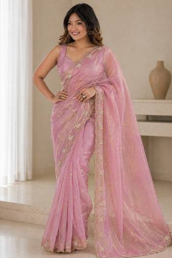 Pink satin embroidered saree with thread work
