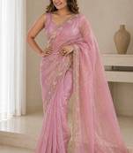 Pink satin embroidered saree with thread work