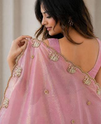 Pink satin embroidered saree with thread work 2