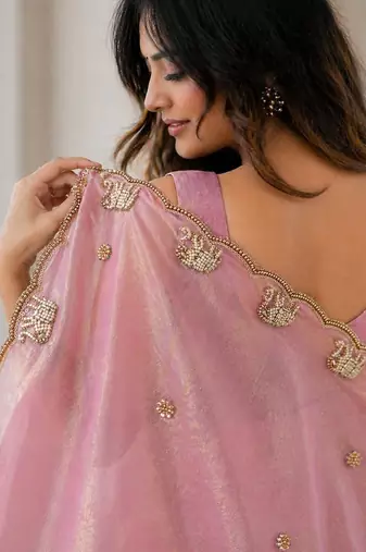 Pink satin embroidered saree with thread work
