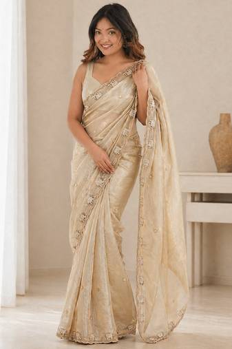 Beige satin embroidered saree with thread work