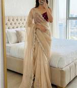 Beige silk blend embroidered saree with thread work