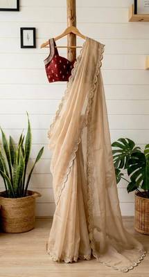 Beige silk blend embroidered saree with thread work 3