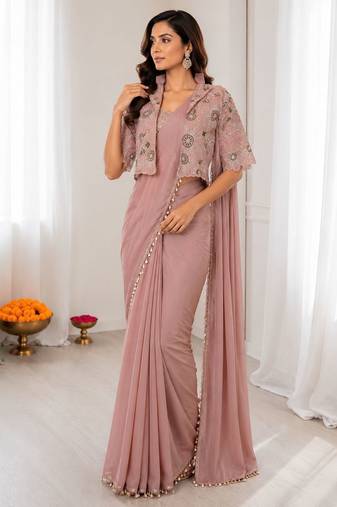 Peach silk blend embroidered saree with sequins work