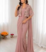 Peach silk blend embroidered saree with sequins work