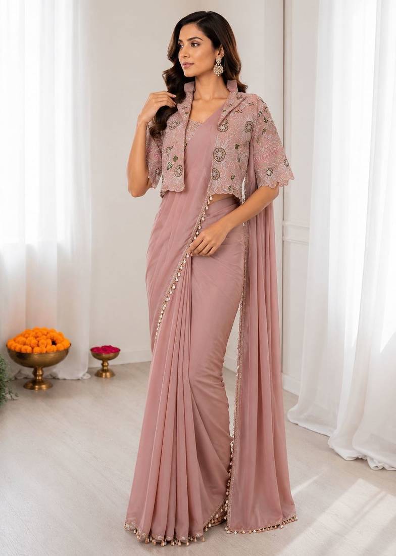 Peach silk blend embroidered saree with sequins work