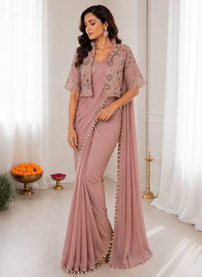 Peach silk blend embroidered saree with sequins work 2