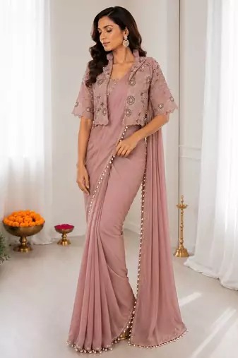 Peach silk blend embroidered saree with sequins work