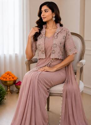 Peach silk blend embroidered saree with sequins work 3