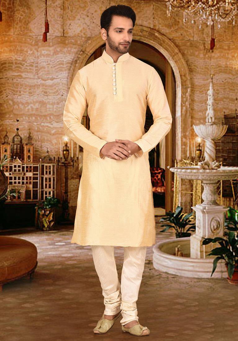 fawn dupion art silk  kurta with pattern work and 8 button