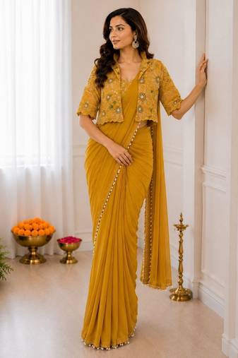 Yellow silk blend embroidered saree with sequins work
