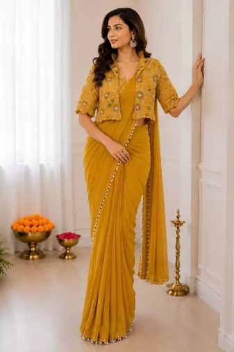 Yellow silk blend embroidered saree with sequins work