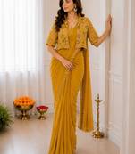 Yellow silk blend embroidered saree with sequins work