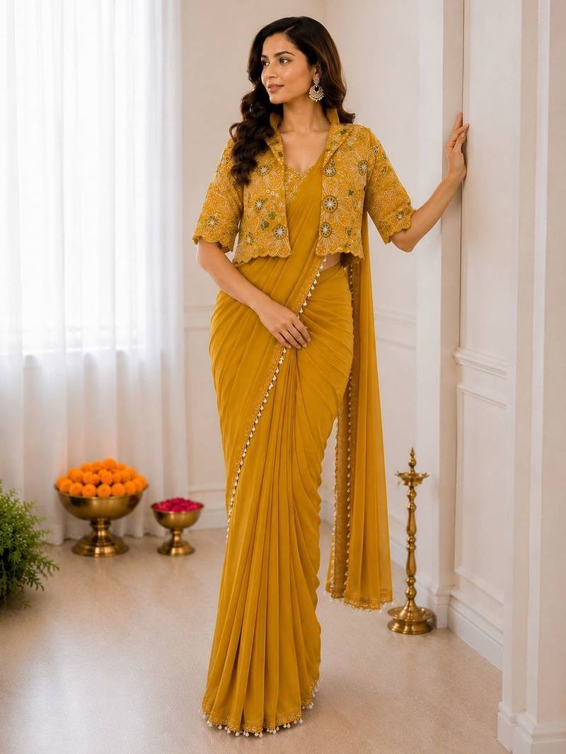Yellow silk blend embroidered saree with sequins work