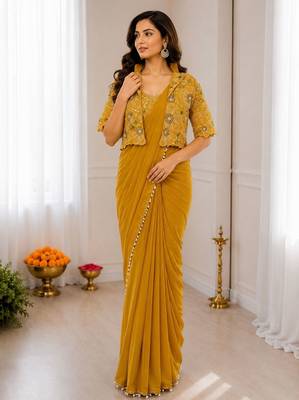 Yellow silk blend embroidered saree with sequins work 2