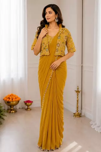 Yellow silk blend embroidered saree with sequins work