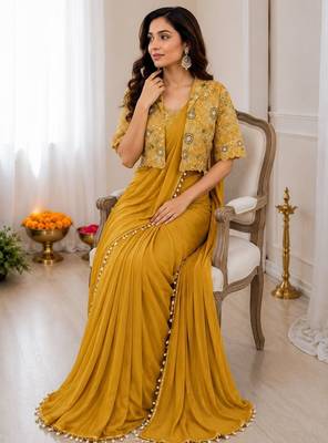 Yellow silk blend embroidered saree with sequins work 3