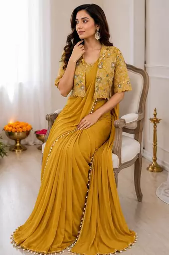 Yellow silk blend embroidered saree with sequins work