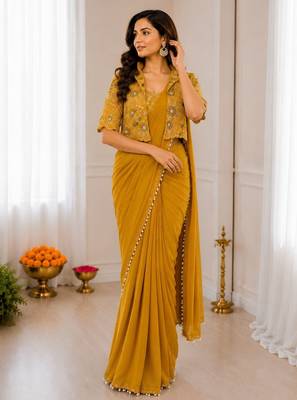 Yellow silk blend embroidered saree with sequins work 4