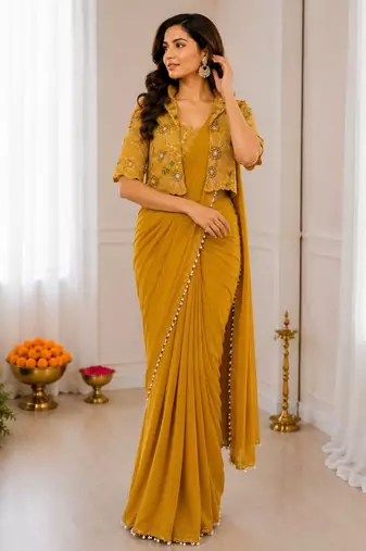 Yellow silk blend embroidered saree with sequins work