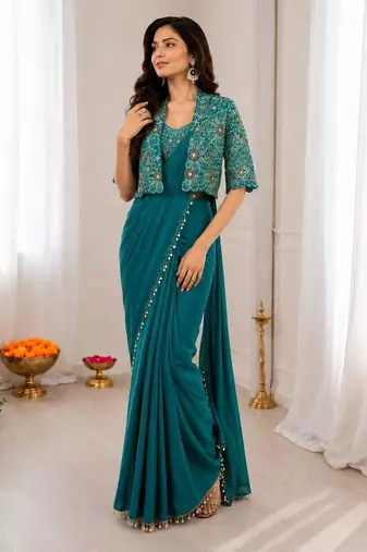Teal silk blend embroidered saree with sequins work