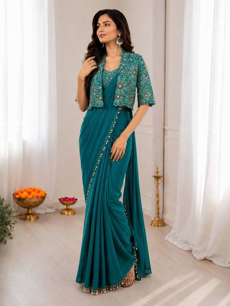 Teal silk blend embroidered saree with sequins work