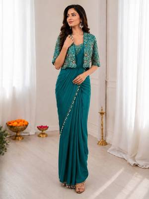Teal silk blend embroidered saree with sequins work 2