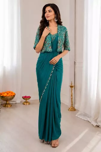 Teal silk blend embroidered saree with sequins work