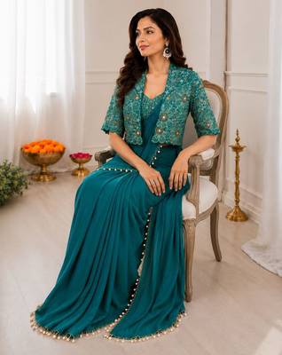 Teal silk blend embroidered saree with sequins work 3