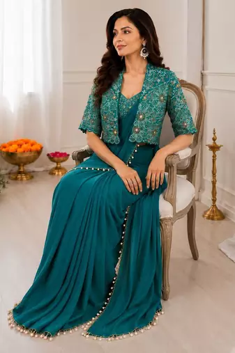 Teal silk blend embroidered saree with sequins work
