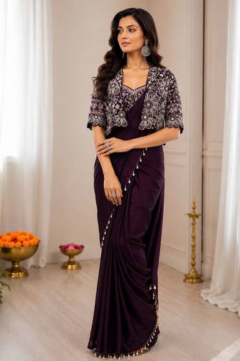 Wine silk blend embroidered saree with sequins work