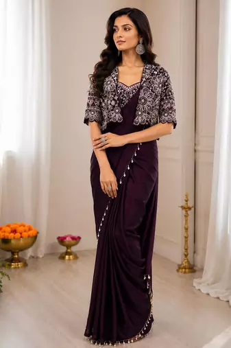 Wine silk blend embroidered saree with sequins work