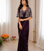 Wine silk blend embroidered saree with sequins work