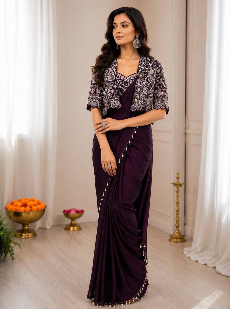 Wine silk blend embroidered saree with sequins work