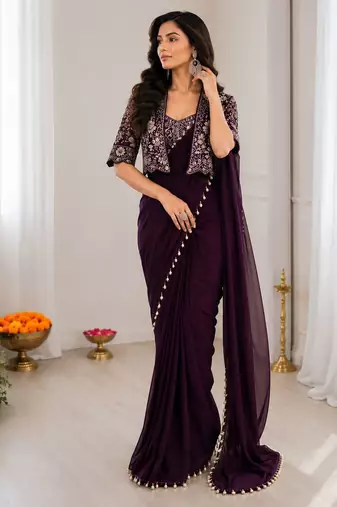 Wine silk blend embroidered saree with sequins work
