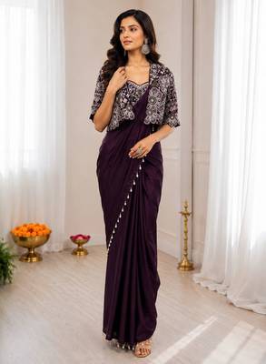 Wine silk blend embroidered saree with sequins work 3