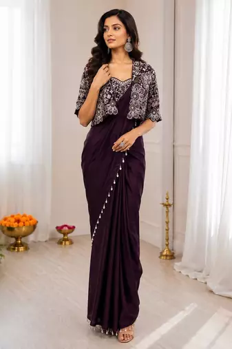 Wine silk blend embroidered saree with sequins work
