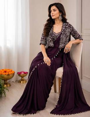 Wine silk blend embroidered saree with sequins work 4