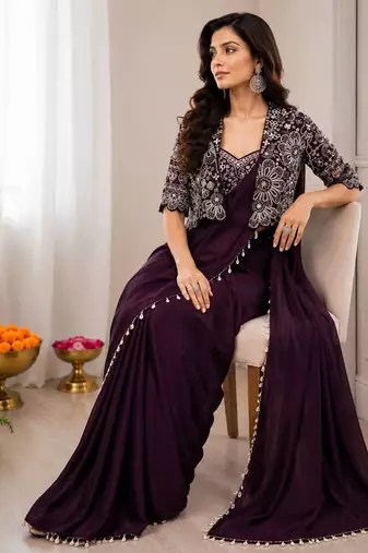 Wine silk blend embroidered saree with sequins work