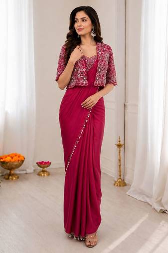 Magenta silk blend embroidered saree with sequins work