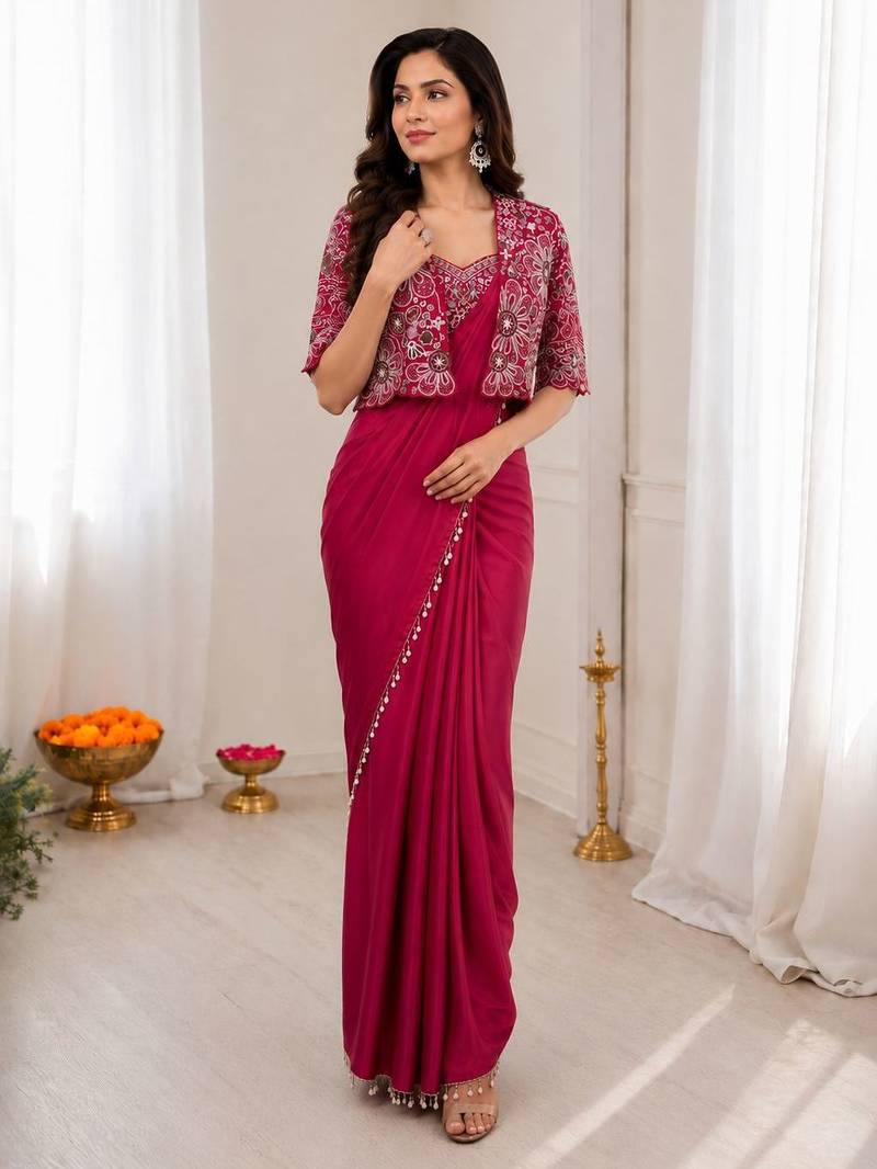 Magenta silk blend embroidered saree with sequins work