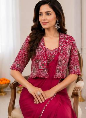 Magenta silk blend embroidered saree with sequins work 2