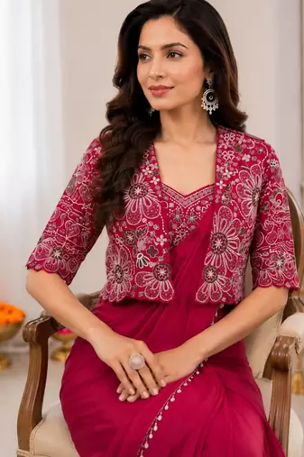Magenta silk blend embroidered saree with sequins work