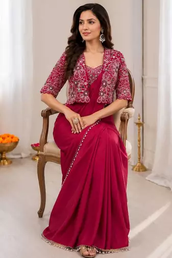 Magenta silk blend embroidered saree with sequins work
