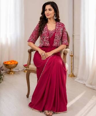 Magenta silk blend embroidered saree with sequins work 5