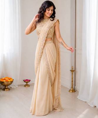 Beige georgette embroidered saree with sequins work 2