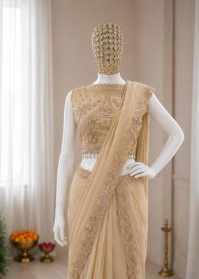 Beige georgette embroidered saree with sequins work 3