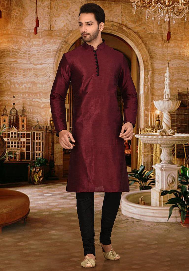 mahroon dupion art silk  kurta with pattern work and 8 button
